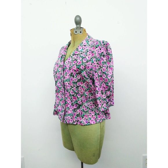 Vintage 80s Does 40s Floral Button Front Top Blouse with Collar - Picture 7 of 7